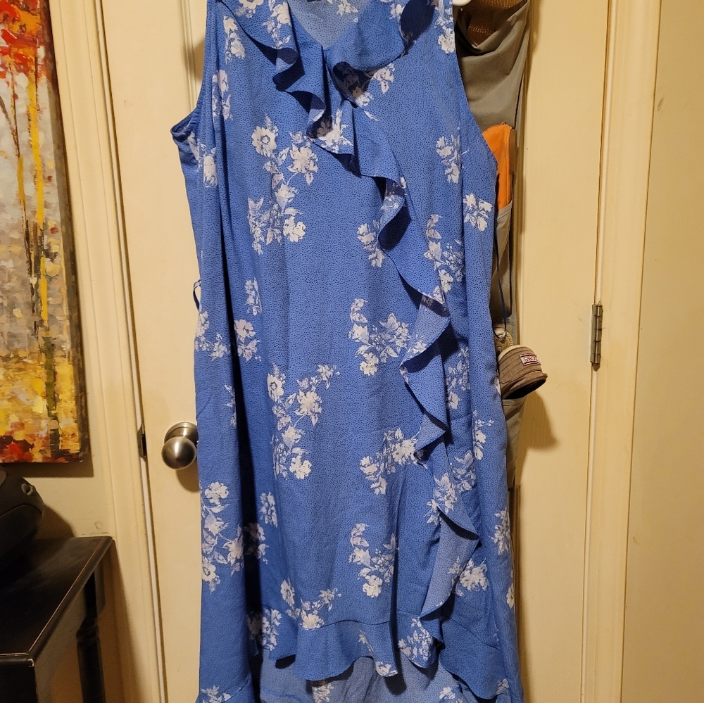 Blue, sleeveless ruffled front dress